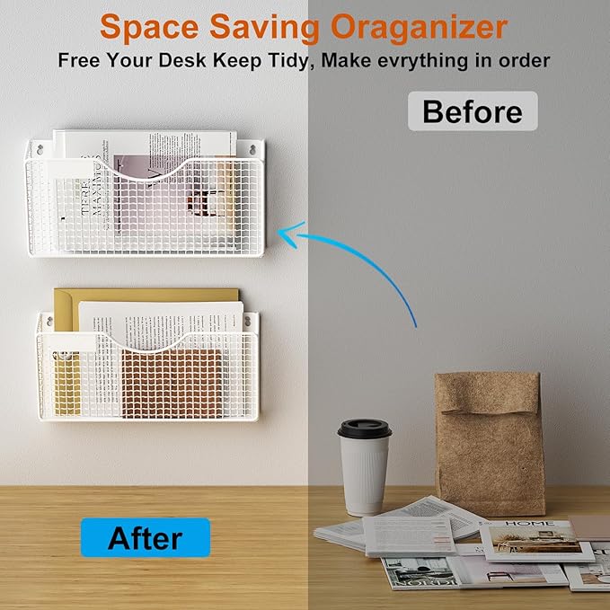 MFTEK Magnetic File Holder, 2 Pockets Wall File Folders Holder No Drilling Magnetic Paper Mail Organizer Magazine Basket, Hanging Storage Rack for Fridge Cabinets Office Classroom(White)