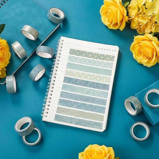 12 Rolls Watercolor Floral Washi Tape Set 15 mm Vintage Flower Decorative Masking Tape for Summer School Arts DIY Craft Scrapbook Journal Supplies Gifts(Teal Color,Art Deco)