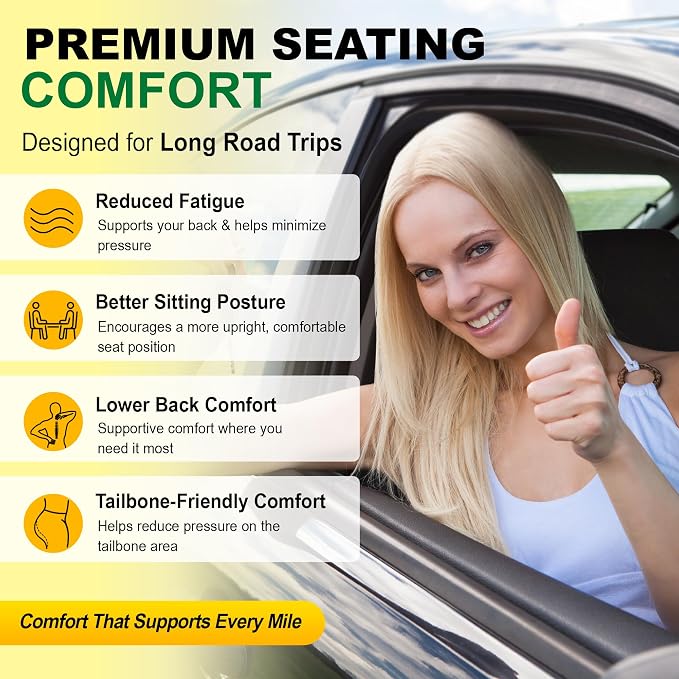 kingphenix 5-Piece Memory Foam Car Seat Cushion Set with Full Back Support Pillow, Comfort for Long Drives & Road Trips, Universal Automotive Comfort for Most Car, Van, Truck, SUV, Gray