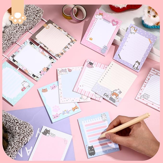 12 Pieces Cats Sticky Notes Cute Cat Gift Self Stick Notepads 3x4 Inch Kawaii Memo Notes for Animal Lover Cartoon Animal to Do List for Office Home Supplies Roommates Gift