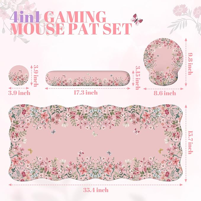 iCasso Desk Mat Set,Large Mouse Pad with Wrist Rest, Back to School Ergonomic Keyboard Wrist Support for Women,Girly Floral Computer Mat with Scalloped Edges,Non-Slip Desk Pad Home Office(Pink)