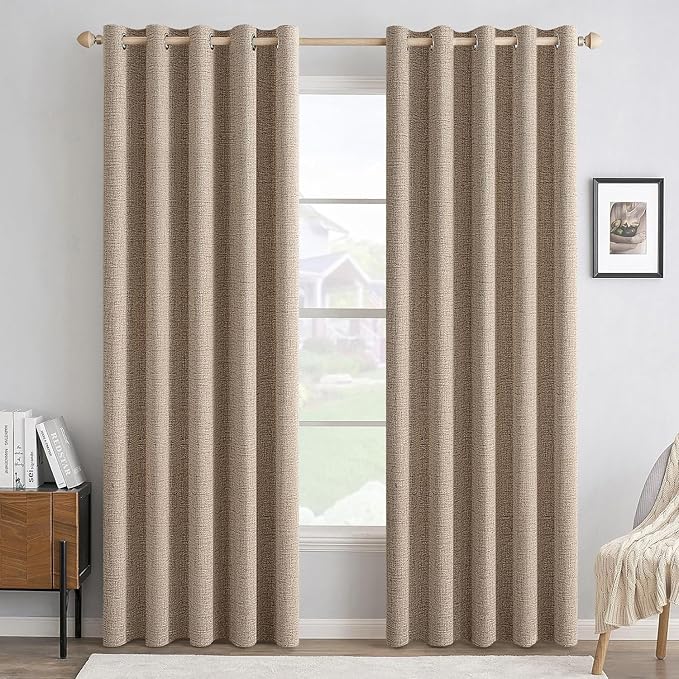 MIULEE 100% Blackout Linen Textured Curtains for Bedroom Solid Thermal Insulated Copper Brown Grommet Room Darkening Curtains & Drapes Luxury Decor for Living Room 62 x 96 Inch (2 Panels)