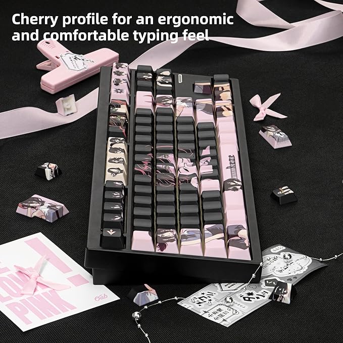 Purple Black Manga Japanese Theme Keycaps, PBT Keycaps 130 Keys Cherry Profile Dye - Sublimation Keycap Shine Through Custom Key Cap Set for Cherry Gateron MX Switches Mechanical Keyboard.