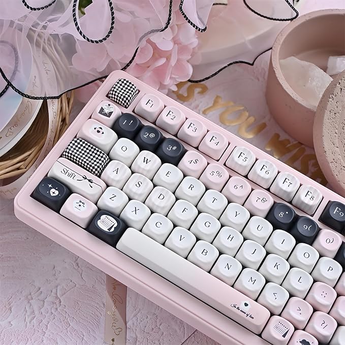 Pink and Black Keycaps,MOA Profile Cute Keycaps PBT Dye-Sub Kawaii Custom Full Size Keycap Set for Cherry MX Switch ANSI Layout 75% 60% Mechanical Gaming Keyboard DIY Creamy Key Cap (126Keys)