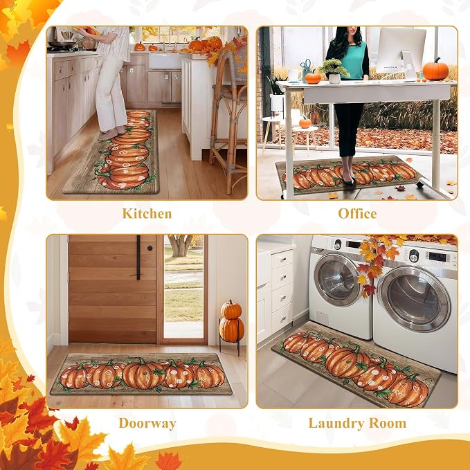 SHACOS Fall Anti Fatigue Kitchen Mats Orange Pumpkins, 17x27.5+17x47 | Wood Board Autumn Harvest Cushioned Kitchen Rugs Set of 2 Non Slip Kitchen Floor Mat Ergonomic Standing Mats
