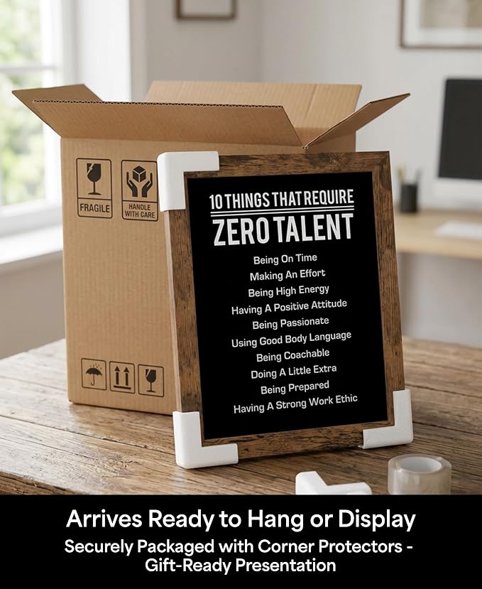 10 Things That Require Zero Talent Motivational Wall Decor, 8x10 Brown Framed Office Wall Art Print, Inspirational Leadership Quote Poster for Work, Gym, Classroom and Team Building