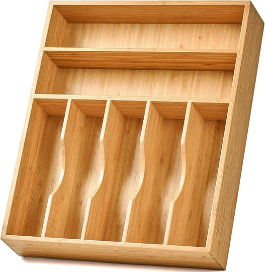 Bamboo Kitchen Drawer Organizer, 13 Inch Silverware Utensil Tray Holder, Extra Deep Grooved Drawer Divider, 7 Slots Total Bamboo Wood Caddy for Flatware Cutlery Knives, Forks, Spoons