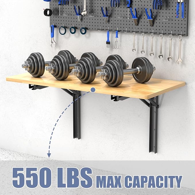 WALMANN Space Saving Wall Mounted Folding Workbench with Pegboard Kit, Heavy Duty Folding Wall Table/Desk for Garage, Workshop, Holds Up to 550 lbs(Tabletop Size: 47.25 x 22.75 in)