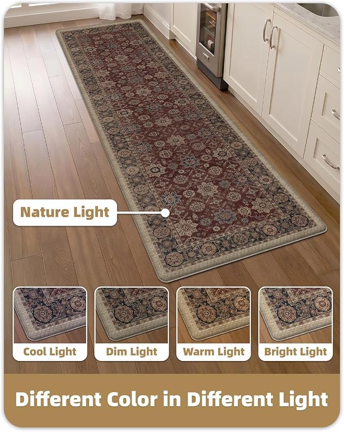 Color&Geometry Kitchen Mat 24x87 Faded Vintage Anti Fatigue, Deep Russet | 0.4in Cushion Standing Mat For Cooking/Working/Laundry, Boho Decor, Non Slip PVC Kitchen Rug, Oil/Water Proof, Anti Slip