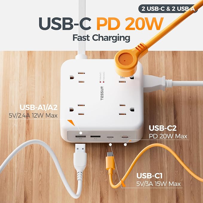 TESSAN Dual Surge Protector Power Strip, 10 Ft Extension Cord Flat Wall Plug with 4 USB (2 USB C) 8 Outlets, 2100J Surge Protection, 20W Multiple Charging Station for Home, Office, Dorm Room, Grey