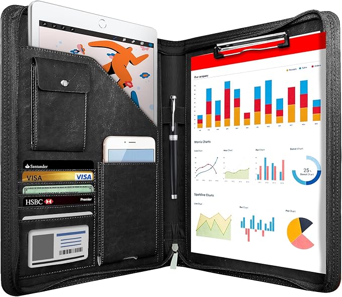 Zippered Padfolio Organizer, WRIYES Leather Planner Binder, 10.2 Inch Portfolio Folder for Documents, Letter Size Business Card Holder for Men&Women (Black)