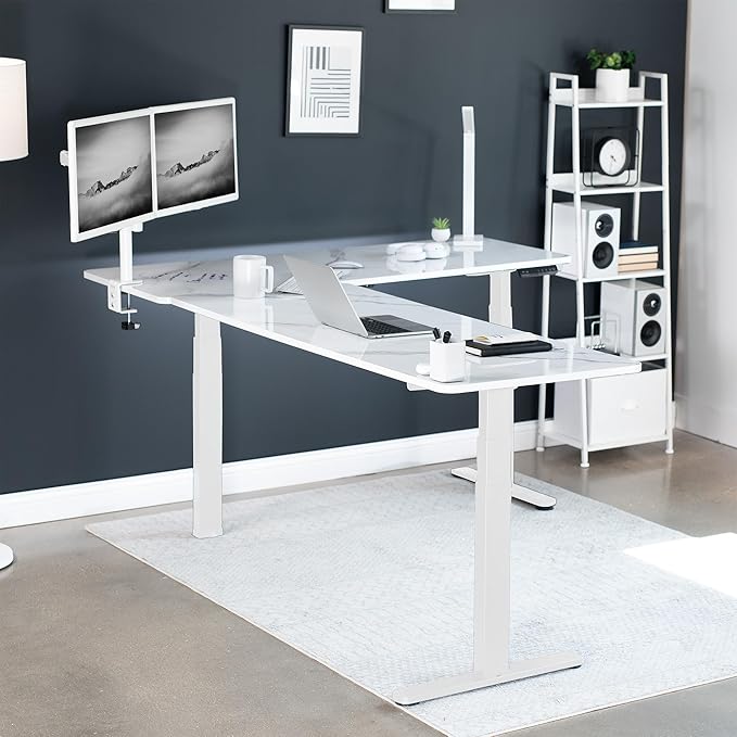 VIVO Electric Height Adjustable 83 x 60 inch Corner Stand Up Desk, 2 White Marble Dry Erase Solid Table Tops, White Frame, Memory Controller, L-Shaped Workstation, 3E Series, DESK-KIT-3E8WWM