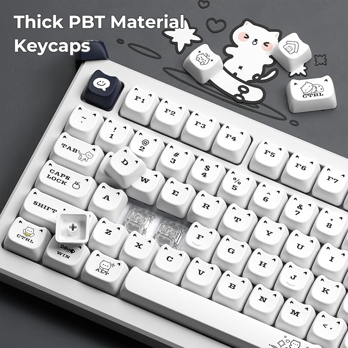XVX Cute Cat Keycaps, Mao Profile White PBT Keycaps, 143 Keys Meow Meow Keyboard Keycap Sets Compatible with 65% 75% 96% 100% Cherry Gateron MX Switches Mechanical Gaming Keyboard