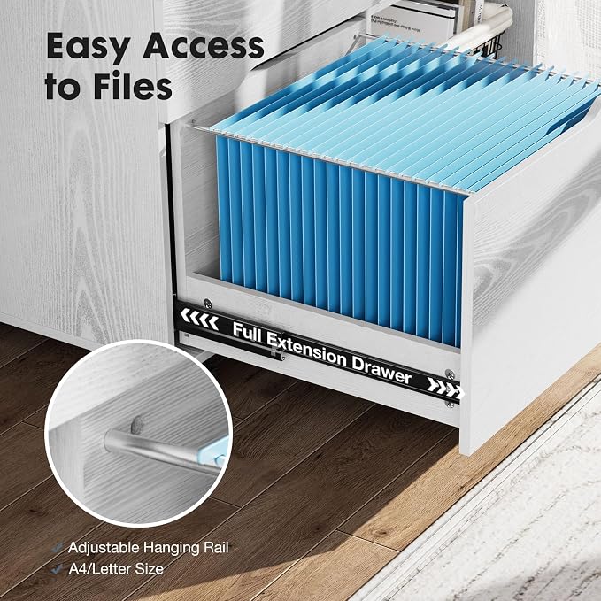 DUMOS Wood File Cabinet with 3 Drawers, Rolling Printer Stand | Under Desk Storage Organizer Home Office Space with Shelves for Files and Office Supplies, White