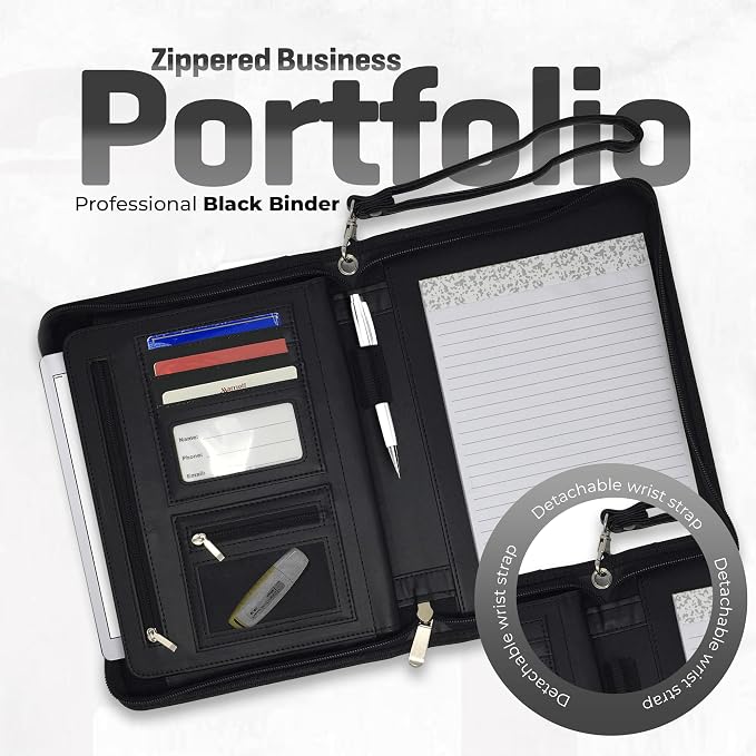 Zippered Leather Portfolio Binder with Junior Legal 5x8 Notepad - Black PU Leather Business Padfolio Organizer Folder with 8 Inch Tablet Sleeve & Gift Box by Lautus Designs