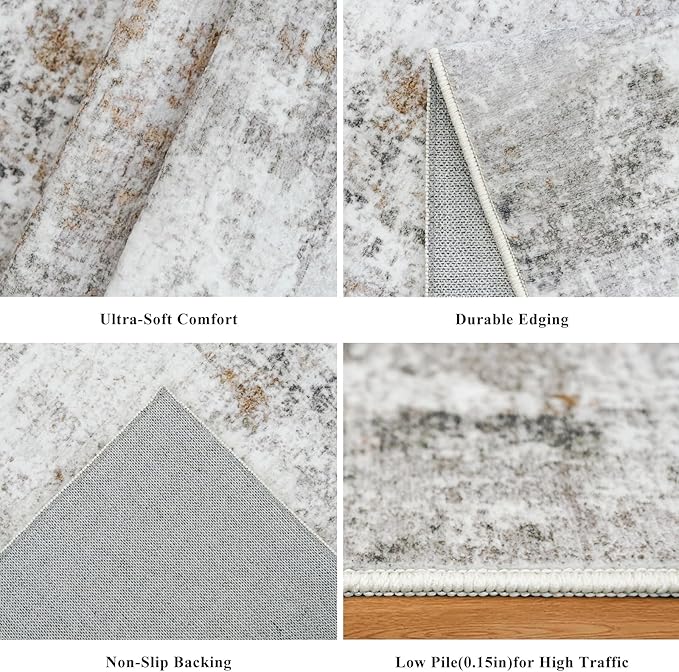 12x18 ft Extra Large Living Room Rug Washable Modern Abstract Neutral Oversize Rugs for Bedroom, Dining Room, Family Room Non-Slip Low-Pile Thin Stain-Resistant Carpet in Beige Grey