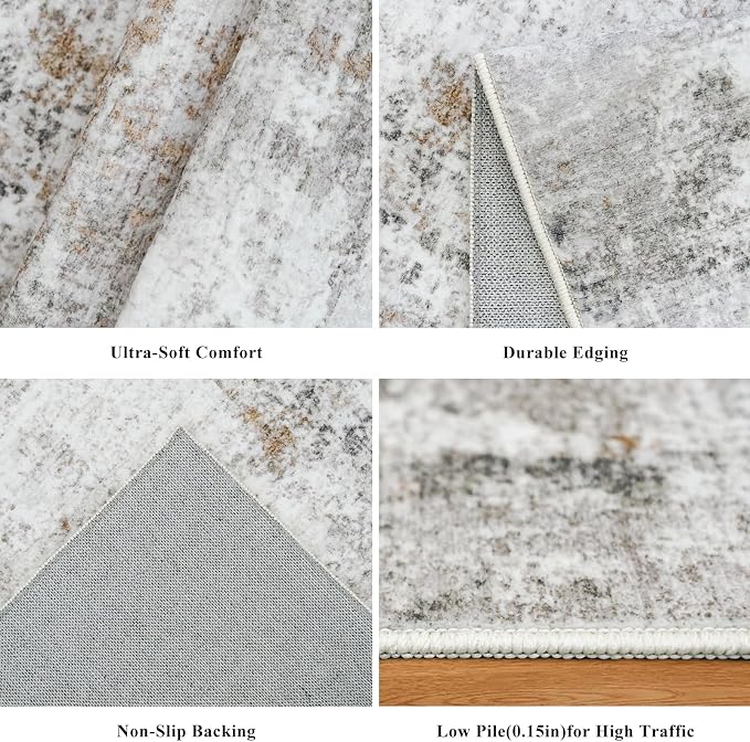 2x5 Rug Runner Non-Slip Washable – Modern Neutral Abstract Small Rug for Hallway, Kitchen, Bathroom, Bedroom, Entryway, Laundry Room – Thin Soft Low-Pile Rubber Backing (Beige/Grey)