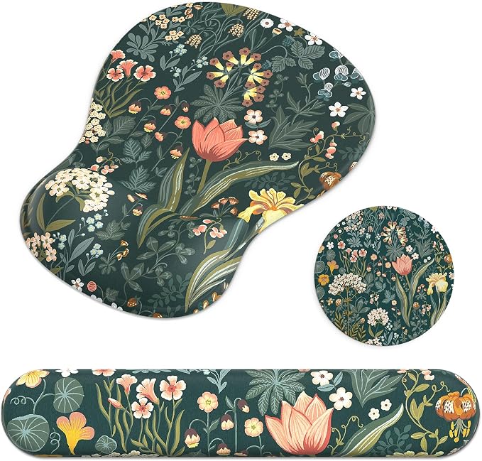 Ergonomic Mouse Pad with Wrist Rest and Keyboard Wrist Rest, Gel Mousepad and Wrist Rest for Computer Keyboard, Pain Relief, Non-Slip PU Base, Mouse Pad Wrist Support for Gaming, Office, Green Flower