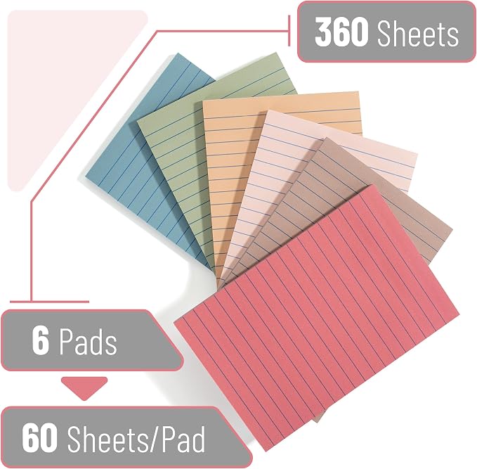 Mr. Pen- Lined Sticky Notes, 4" x 6", 6 Pads, 60 Sheets/Pad, Vintage Color | Sticky Notes with Lines, Ruled Post Stickies, Memo Pads, Self-Stick Note Pad for Office, School, Home, Study