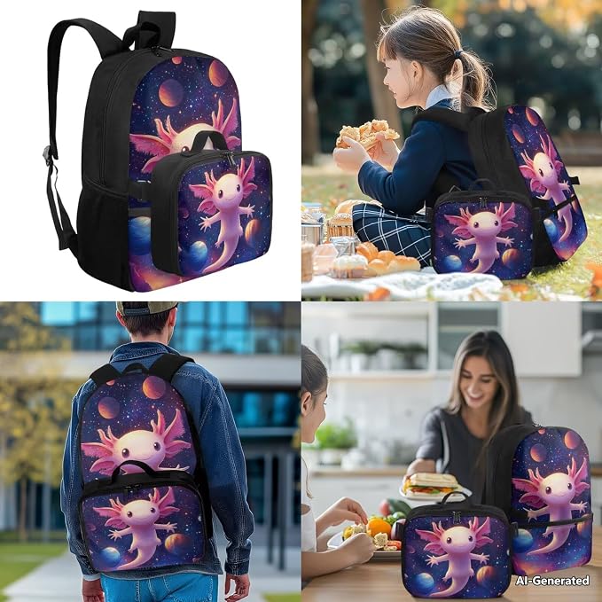 Doojoayie Cute Axolotl Backpack for Girls 6-8 8-10 School Bag Kids Backpack and Lunch Box Set of 4 with Water Bottle Holder, Pencil Case Heavy Duty Bookbag for Teen Girls