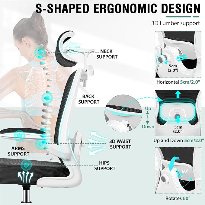 AtHope Drafting Chair, Tall Office Chair with 3D Lumbar & Head Support | Ergonomic Mesh Standing Desk Chair with Footrest Ring, Comfy Extended High Desk Chair with Flip-Up Arms & Hanger, White