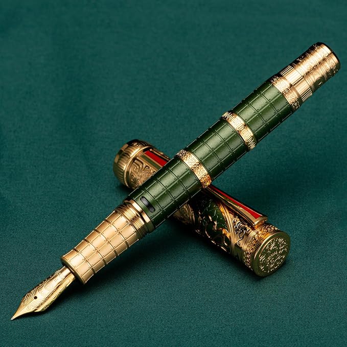 HONG DIAN D5 Qin Dynasty Fountain Pen Green Gold, Extra Fine Nib Piston Filling Pen, Retro Chinese Totem Engraving Smooth Writing Pen with Pen Box Set