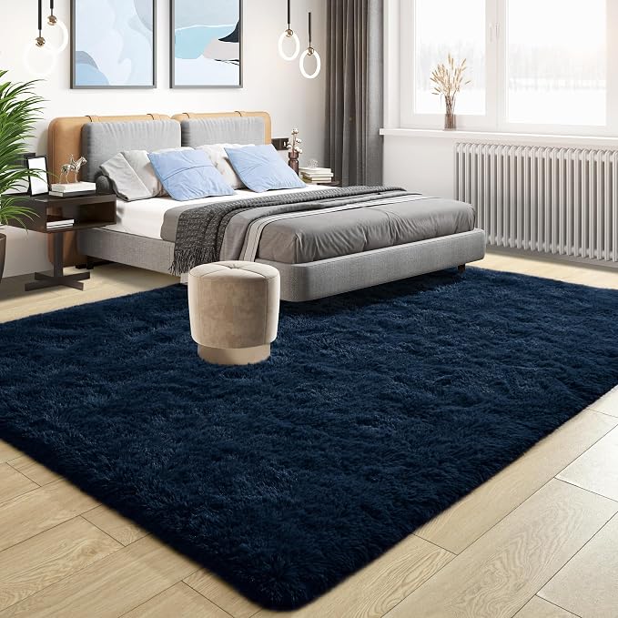 Tepook 5x8 Navy Blue Rugs for Living Room, Soft Fluffy Dark Blue Area Rug for Bedroom, Shaggy Plush Floor Carpet for Kids Girls Boys Room, Non-Slip Throw Carpets for Dorms Nursery Classroom Home Decor