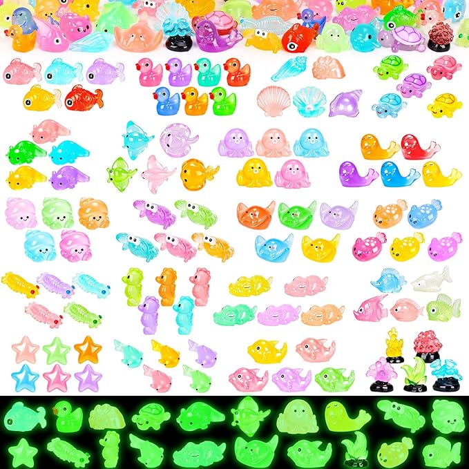 120PCS Luminous Mini Ocean Resin Animals 20 Style Glow in The Dark Tiny Sea Animal Figurines Miniature Plastic Animals Aquarium Decoration for DIY Crafts Fish Tank Potted Fairy Garden Dollhouse