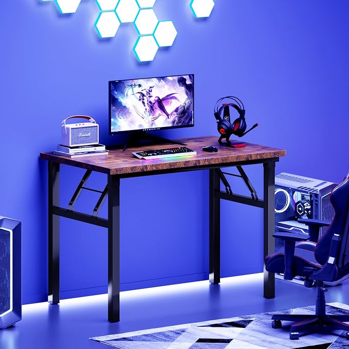 SogesHome No Assembly Folding Computer Desk, 31.5 Inch Small Compact Desk for Home Office, Modern Writing Table with Adjustable Leg Pads, Gaming Desk for Living Room and Small Spaces, Rustic Brown