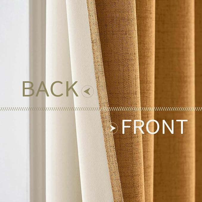 MIULEE 100% Blackout Linen Textured Curtains for Bedroom Solid Thermal Insulated Mustard Yellow Grommet Room Darkening Curtains & Drapes Luxury Decor for Living Room 52 x 45 Inch (2 Panels)