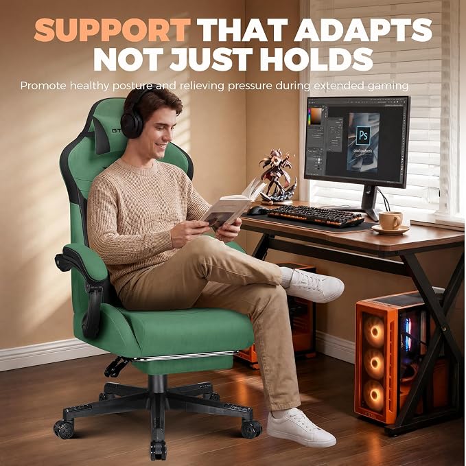 GTPLAYER Gaming Chair with Footrest, Ergonomic Office Chair 400lbs Heavy Duty, Big and Tall Computer Desk Chair with Lumbar Support and Headrest, Breathable Plush Fabric, 90-155° Recline Green