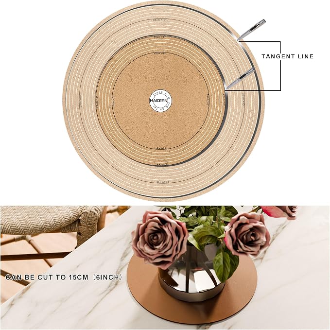 MAIDERN 12 Inch Round Cork & Leather Placemats, Cuttable Size (6-12 Inch), Trimmable Dining Table Mat, Heat Resistant/Non-Slip Table Cover for Kitchen, Office, or Restauran (Brown)