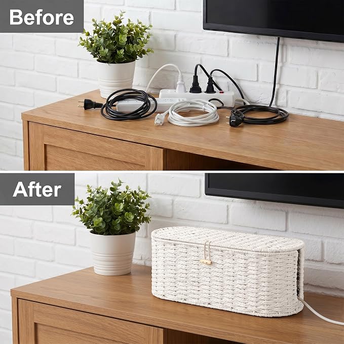 Set of 2 Cable Management Box, Handwoven Cord Hider Box with 3 Open Slots | Cable Organizer Box with Lockable Lid, Cord Storage Box to Hide Power Strip, Router, USB Hub, TV Wires for Home, Office