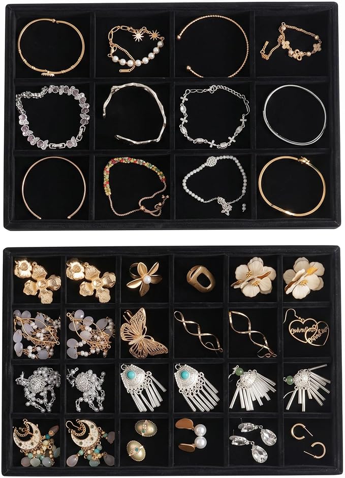 Jewelry Trays for Drawer,Set of 2 Jewelry Organizer and Storage | Velvet Material,Stackable,Adjustable Dividers,Drawer Inserts for Rings Studs Bracelet,Earring Organizer for Women Girls