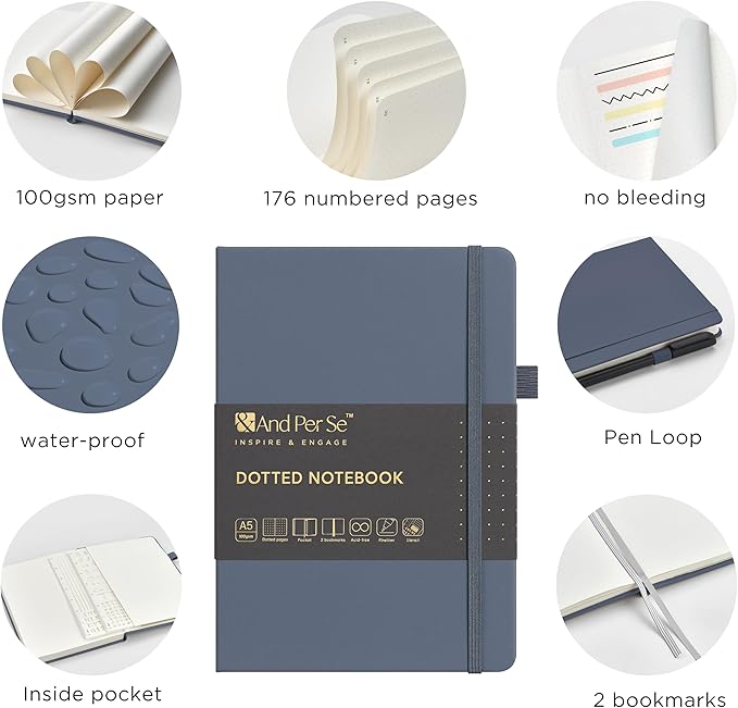 &And Per Se A5 Hardcover Dotted Notebook Kit for Beginners – 176 Numbered Pages, 100gsm Thick Paper, Includes Stencils & Fineliner Pen | Leather Bullet Journal with Templates, Lay Flat Design, Premium Gift for Women Men (Dark Blue)