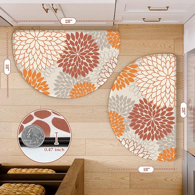 KIMODE Half Circle Anti Fatigue Mats for Kitchen Floor Kitchen Mats 2PCS | 18"x28+18"x28",Orange,Dahlia Floral Boho,Kitchen Rugs 2pcs,Non Slip,Waterproof,for Sink Office Laundry Bathroom Decor