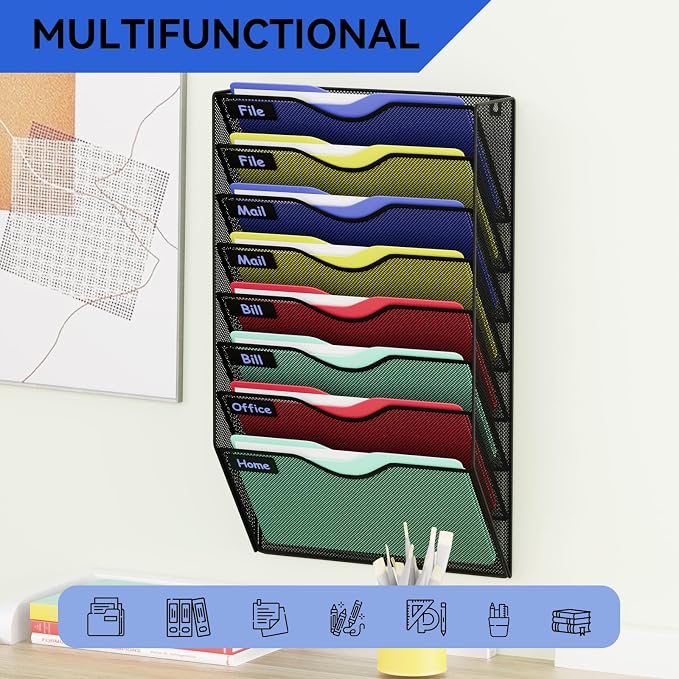 8 Pockets Hanging Wall File Organizer Mail Holder, Wall Mounted Paper Document Folder Holder, Clipboard Storage Organization Magazine Rack, Black