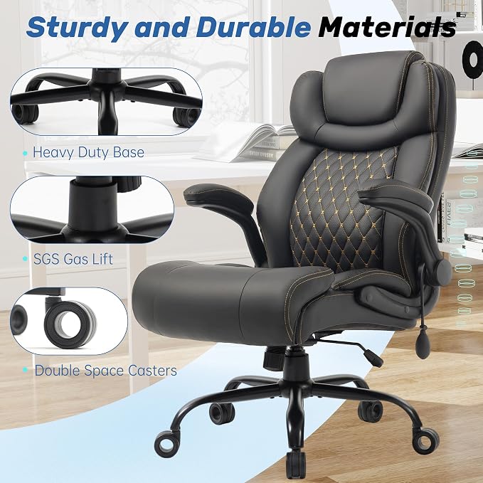 550LBS Big and Tall Office Chair, Comfy Heavy Duty Executive Chair with Adjustable Lumbar Support Double Spaces Casters, PU Leather Extra Wide Seat Ergonomic Computer Desk Chair for Back Pain, Black