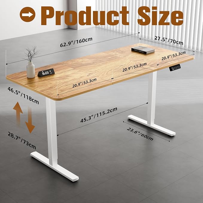 63"x28" Standing Desk, Height Adjustable Sit-Stand for Home Office | Electric Adjustable Standing Desk, Sit to Stand Computer Office Desk with Splice Board, Memory Preset, Lifts 28.7''-46.5"