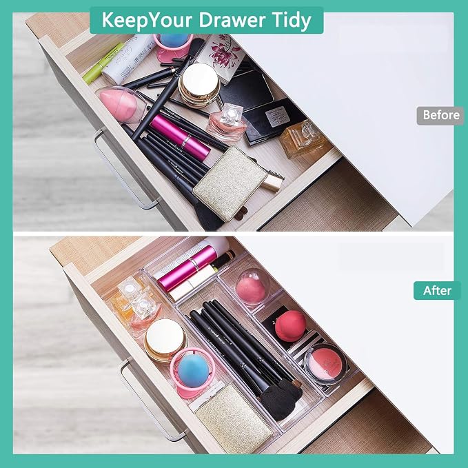 DCA 6 Pack Clear Drawer Organizer, Multi-Size Storage Bins | Makeup, Cosmetics & Utensils | Drawer Tray set | Customizable Layout | Easy to Clean