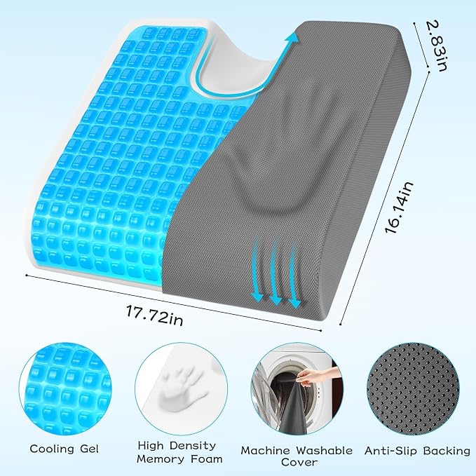 TranquilMoments Seat Cushion, Gel Wheelchair Seat Cushion, Grey | Wheelchair Seat Cushion Cooling Gel Memory Foam, Tailbone Pain Relief, Removable Cover & Non - Slip Bottom Chair Cushion