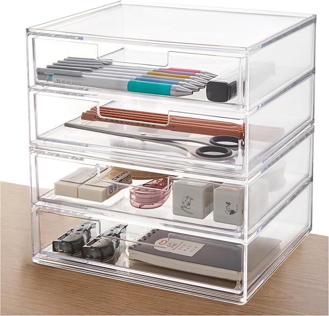 STORi Stackable Desk Drawer Organizer, Clear Pen Pencil Makeup Brush Holder for Desktops and Vanities, 4 Wide Drawers (Made in USA)