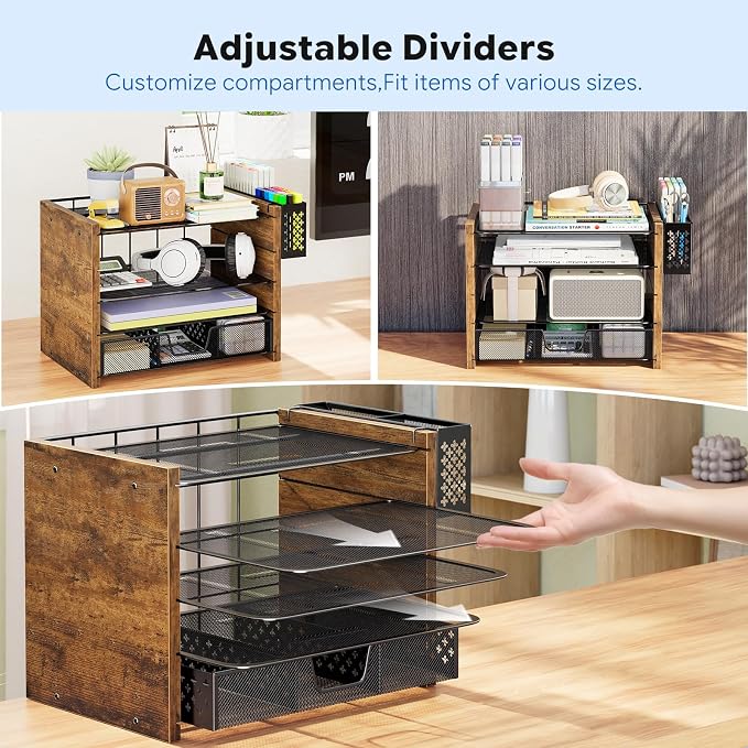 Simple Trending Wooden Desk Organizer, 5-Tier File Organizer, Rustic Brown | Wooden Desk Organizers and Accessories with Drawer & Pen Holder, Natural Wood & Metal for Office Home, 9"L x 12.75"W x 9.75"H