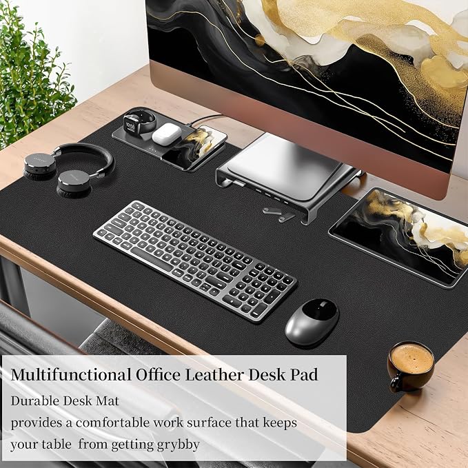 Bloss Black Leather Desk Mat Protector,Laptop Desk Pad,Desk Writing Pad,Leather Mouse Pad,Office Desks Mats,Desk mat for Keyboard and Mouse,Dual-Side Computer Mouse Pads for Office/Home.31.5"x 15.7"