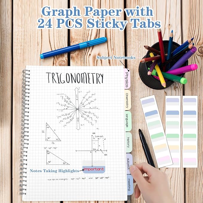 Graph Paper Notebook, Spiral Notebook, Large B5 Graph Notebook Journal, 8" x 10" Grid Graphing Notebooks for Work, School, Math, Lab, Engineering, 24pcs Index Tabs, Assorted Pastel, 4 Squares/Inch