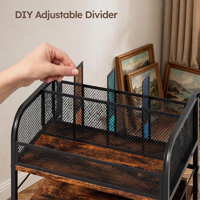 Rolling Art Cart with 4 Drawers, Rustic | Art Supplies Organizer, 5-Tier Storage, Adjustable Dividers, Anti-Pull Mesh Drawers, Metal Frame, 4 Casters with 2 Locks