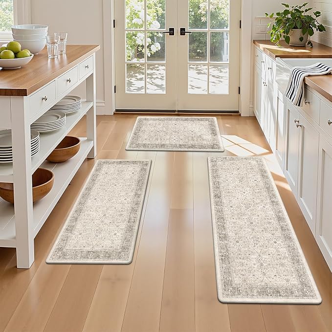 Pauwer Anti Fatigue Kitchen Floor Mats Set of 3, Cushioned Rugs, Khaki | Non Slip Comfort Standing Mat, PVC Foam Padded Kitchen Rugs, Waterproof Sink Rug for Small Kitchen Area, Laundry Room