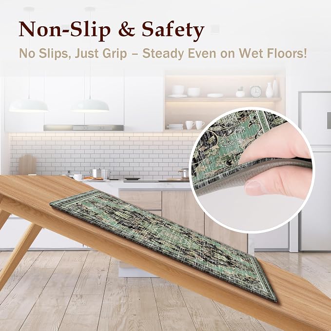 Boho Kitchen Mats for Floor 2 Piece Set Anti Fatigue Cushioned PVC Kitchen Rugs Non Slip Waterproof Farmhouse Mats 2/5 Inch Comfort Standing Mat for Sink, Laundry, 17.3"x47"+17.3"x28", Black Green
