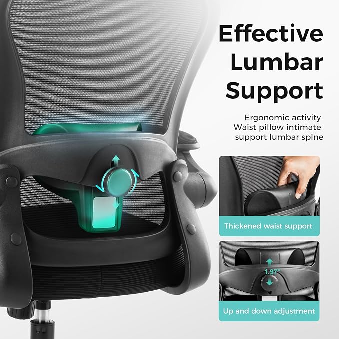 ALPHA HOME Ergonomic Mesh Office Chair, High Back, Black | Executive Computer Chair with Armrests, Sturdy Desk Chair with Height Adjustable Lumbar Support, Rolling Swivel Task Chair