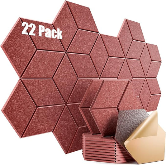 22 Pack Self-Adhesive Acoustic Panels 12" X 10" X 0.4" - Sound Proof Foam Panels with High Density, Y-Lined Design, Flame Resistant, Absorb Noise and Eliminate Echoes(Red)